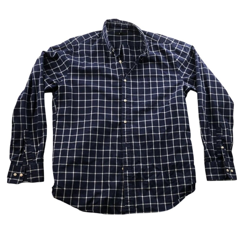 Uniqlo Mens Shirt Size XL Long Sleeve Button Down Windowpane Navy Casual Classic